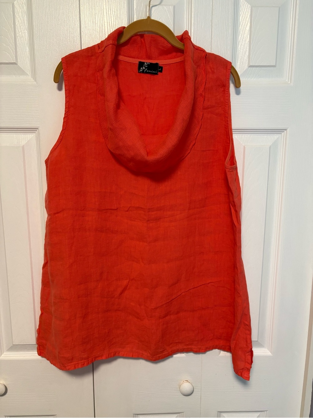 Fenini Beautiful Coral Sleeveless Cowl Neck 100% Linen Top